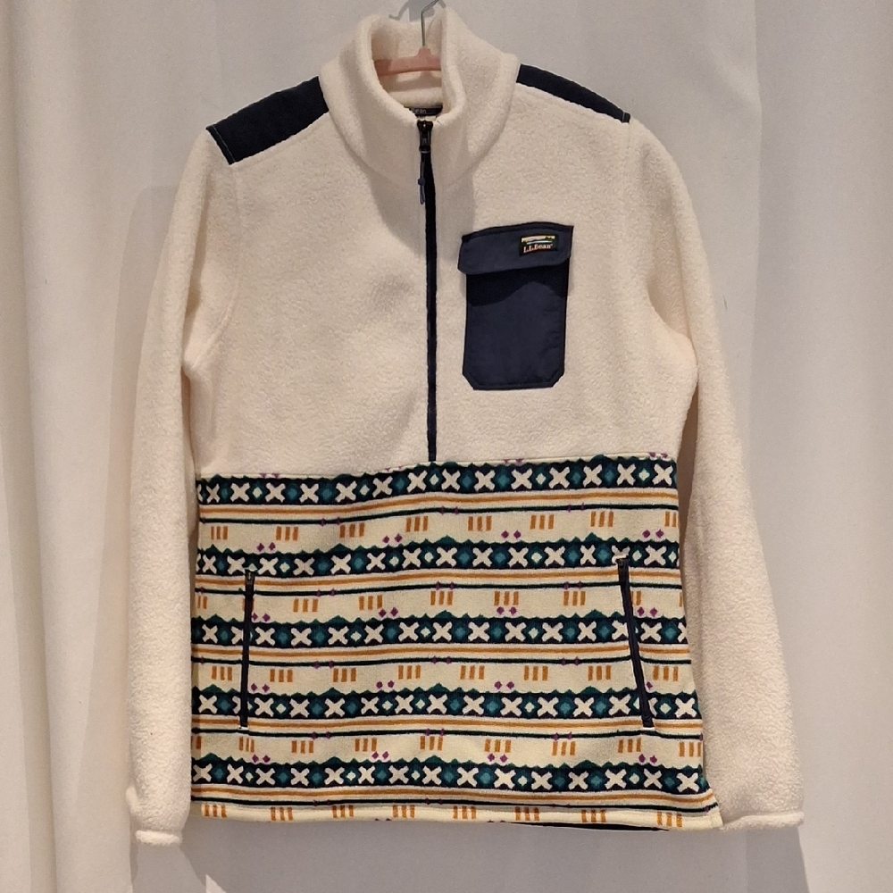 L.L. Bean Cream Sherpa Pullover with Navy Accents and Multicolor Fair Isle